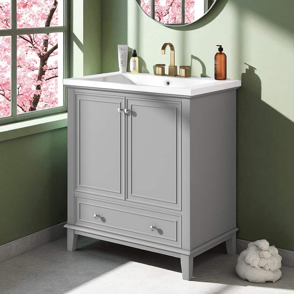 30" Bathroom Vanity with Ceramic Sink, 2 Doors, Divider Drawer, Adjustable Shelf, Solid Wood & MDF, Gray