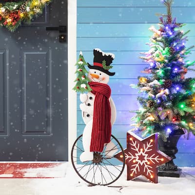 Glitzhome 34"H Christmas Metal Bike Wheel Snowman with Scarf Porch Decor