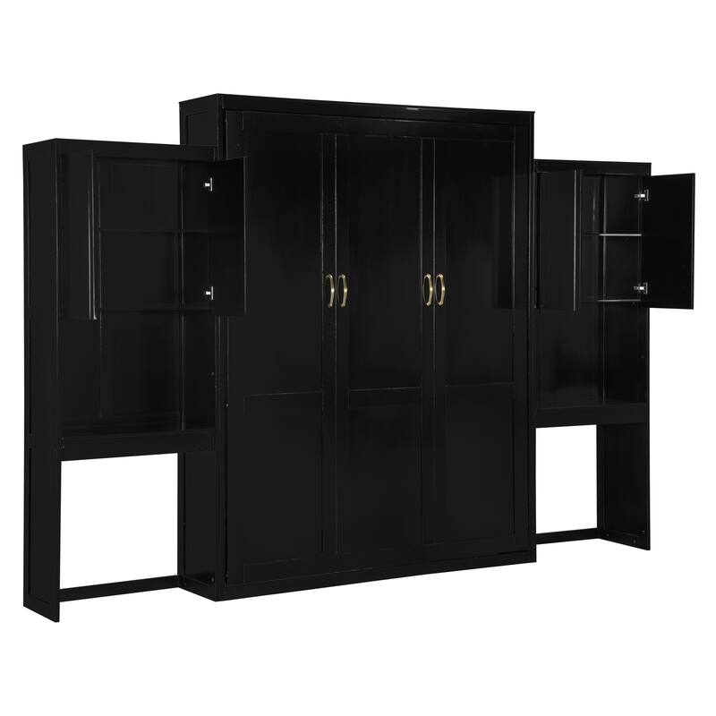 Queen Murphy Bed with Fold-Out Desk, Flip-Up Vanity Mirror, and Storage Cabinets, Space-Saving Design
