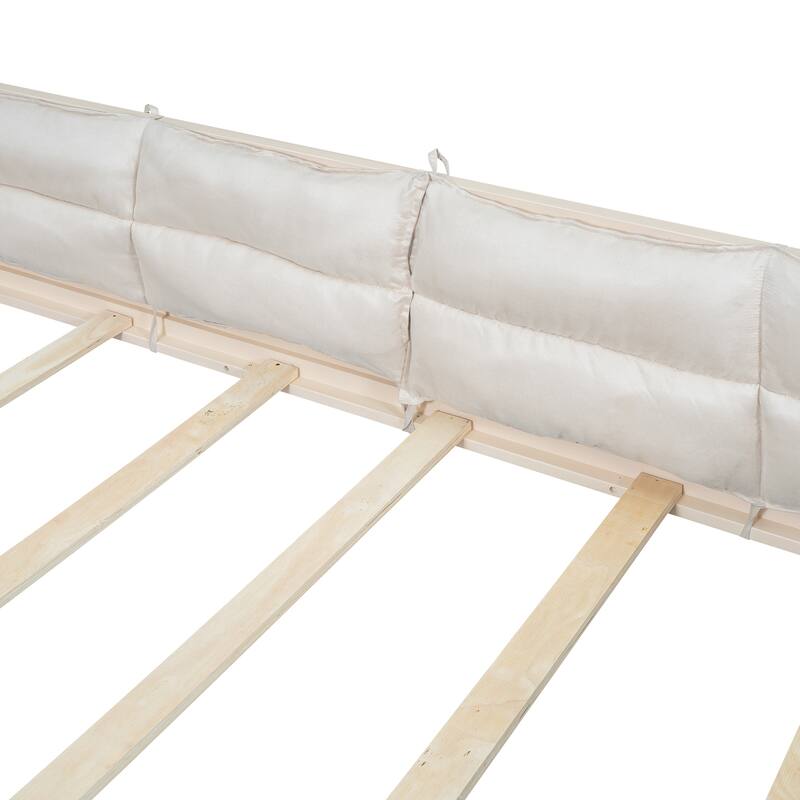Full Size Upholstered Platform Bed Frame with Guardrail and Pillows, No Box Spring Required, Sturdy and Comfortable for Bedroom