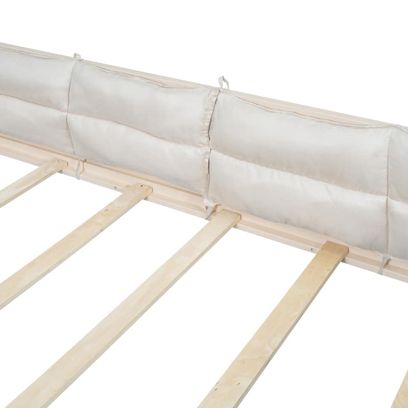 Solid Wood Full Size Floor Platform Bed with Upholstered Guardrail