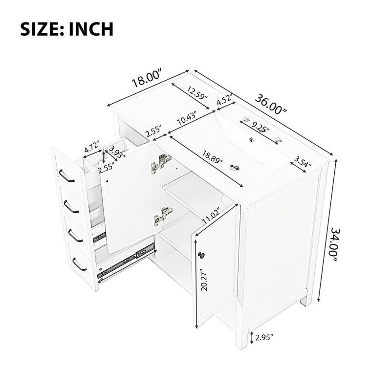 36" Bathroom Vanity with Sink Top, Two Doors and Two Drawers, Open shelf