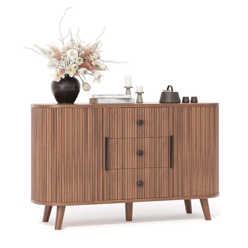 Sideboard Buffet Cabinet with 2 Sliding Tambour Doors and 3 Drawers, Storage Cabinet with Adjustable Shelves for Living Room