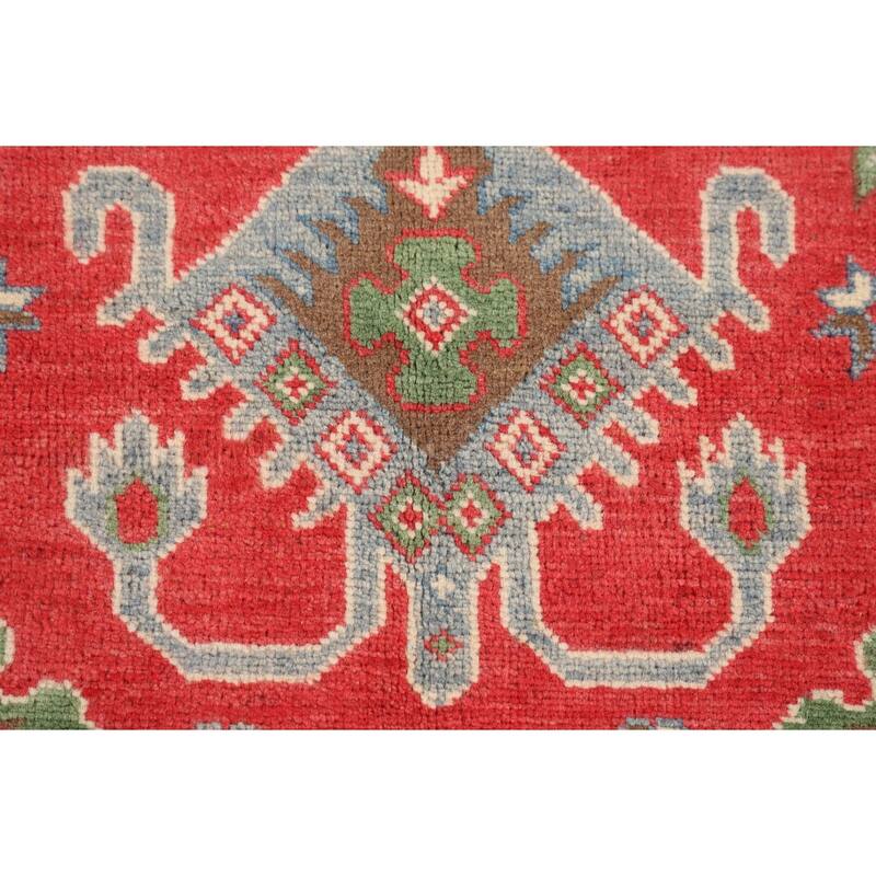 Geometric Orange Kazak Rug Hand-Knotted Wool Carpet - 3'4" x 5'0"