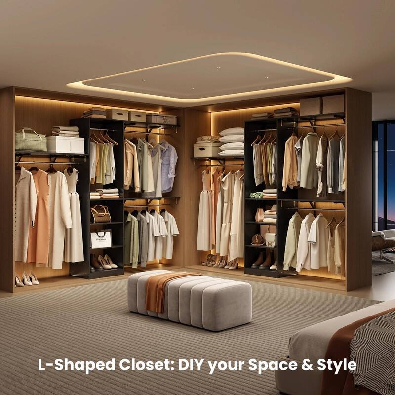 Heavy-Duty Wood Walk-In Closet Organizer - Adjustable Wardrobe System with 4 Hanging Rods & 5 Shelves for 8 ft Spaces