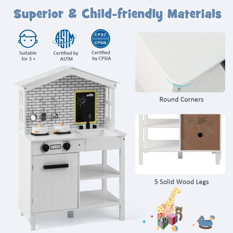 Kids Wooden Kitchen Play Set with Storage Shelves and Accessories-White - 24.5" x 13" x 35.5"