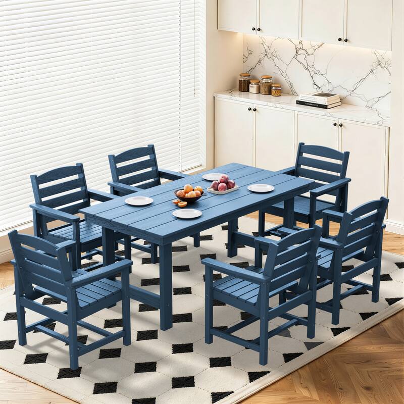 7-Piece HDPE Outdoor Dining Table Sets with Umbrella Hole - 1-Table 6-Chairs