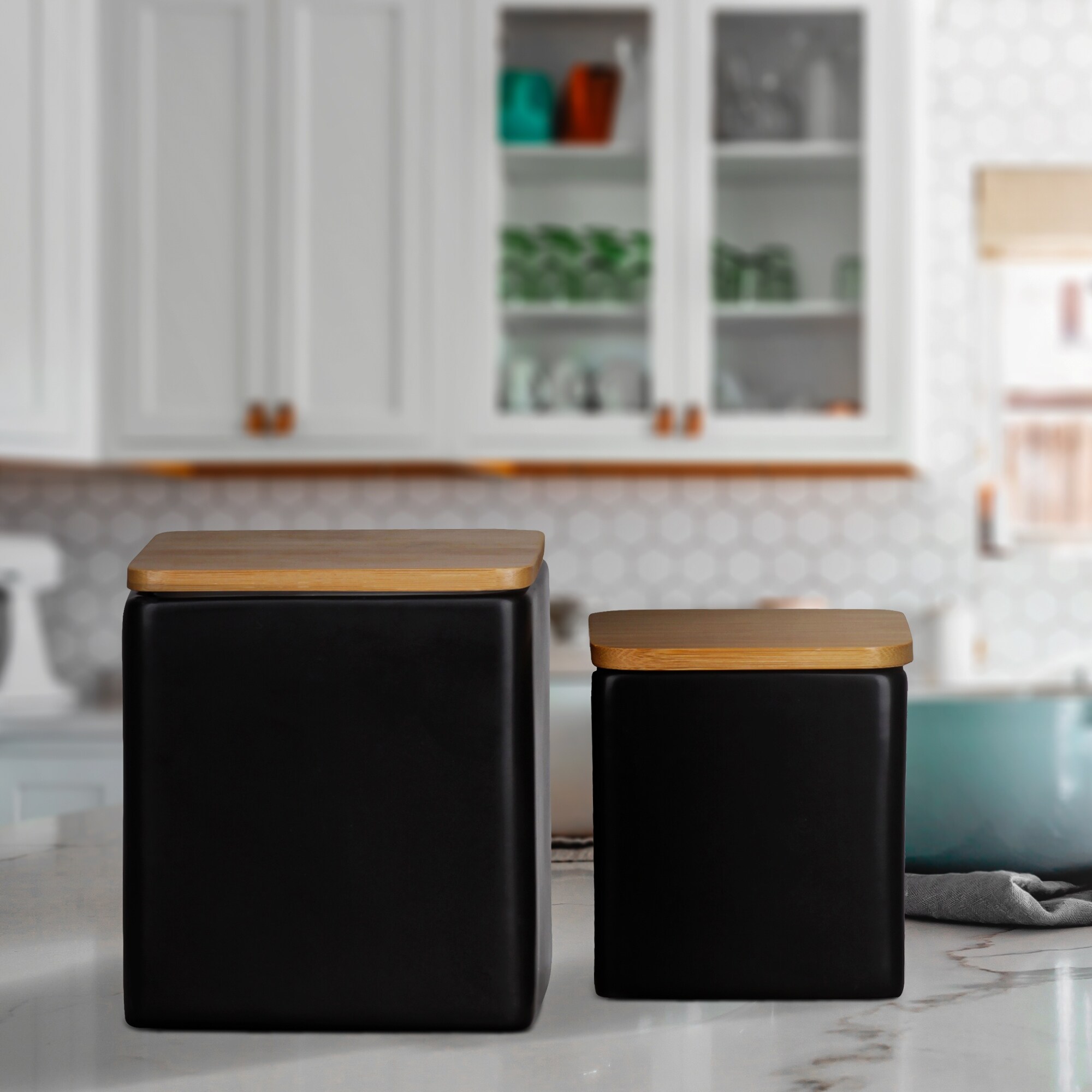 Dual Tone Square Ceramic Canister with Wooden Lid, Set of 2 ...