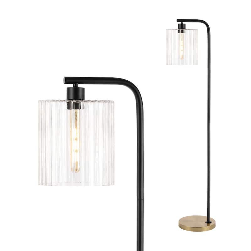 Blaire 60.75" Modern Minimalist Metal/Ribbed Glass LED Floor Lamp, Brass Gold/Black , by JONATHAN Y