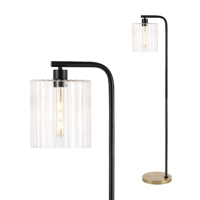 Blaire 60.75" Modern Minimalist Metal/Ribbed Glass LED Floor Lamp, Brass Gold/Black , by JONATHAN Y