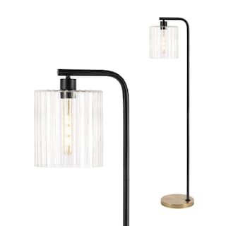 Blaire 60.75" Modern Minimalist Metal/Ribbed Glass LED Floor Lamp, Brass Gold/Black , by JONATHAN Y