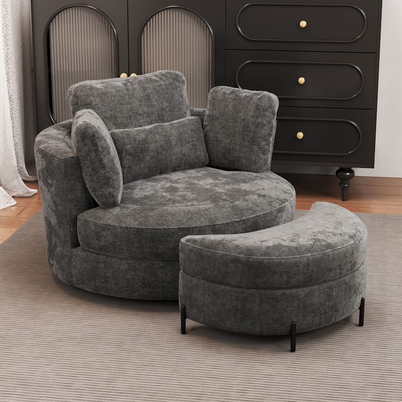 Modern Chenille 360° Swivel Accent Barrel Chair and Storage Ottoman - Grey