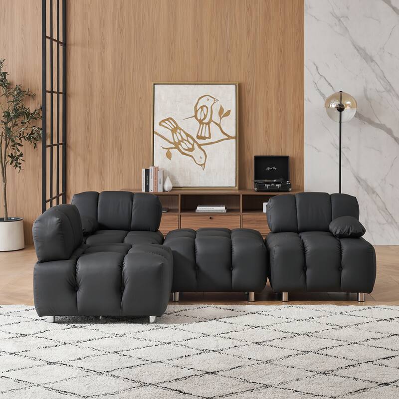 90.60" Tech Fabric L-Shaped Three-Seater Cushioned Sofa (New) - Black