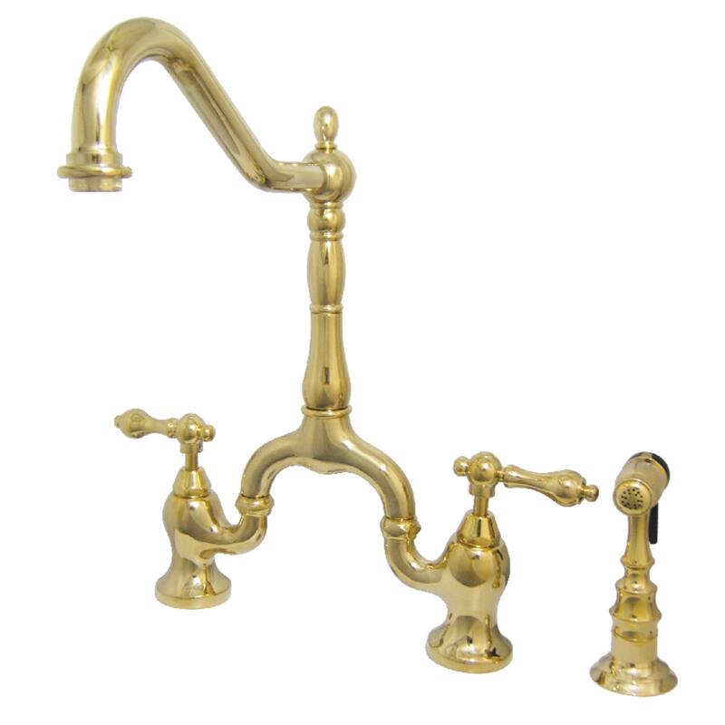 English Country Kitchen Bridge Faucet with Brass Sprayer - Polished Brass
