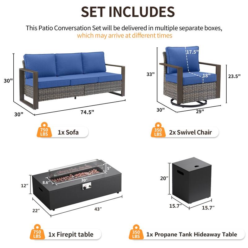 Pocassy 43 In Fire Pit w/ Outdoor Sofa Swivel Chair Ottoman Set