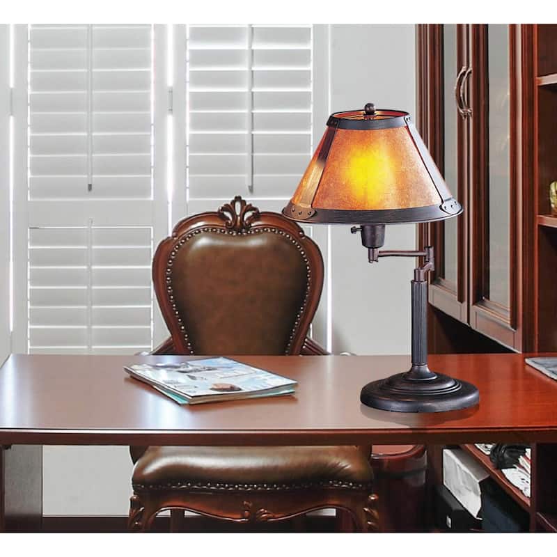 18" Candlestick Metal Table Lamp with Mica Amber Empire Shade and Swing Arm Dimmable Control - 18”H x 17.5”W x 11.5”D