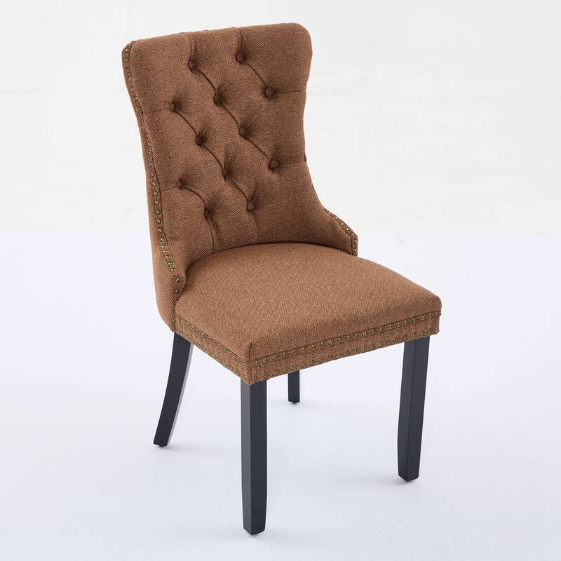 Set of 2 Linen Upholstered Dining Chair with Wood Legs, Nailhead Trim