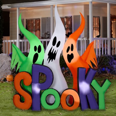 Gemmy Halloween Inflatable Ghosts with "Spooky" Sign, 8 ft Tall