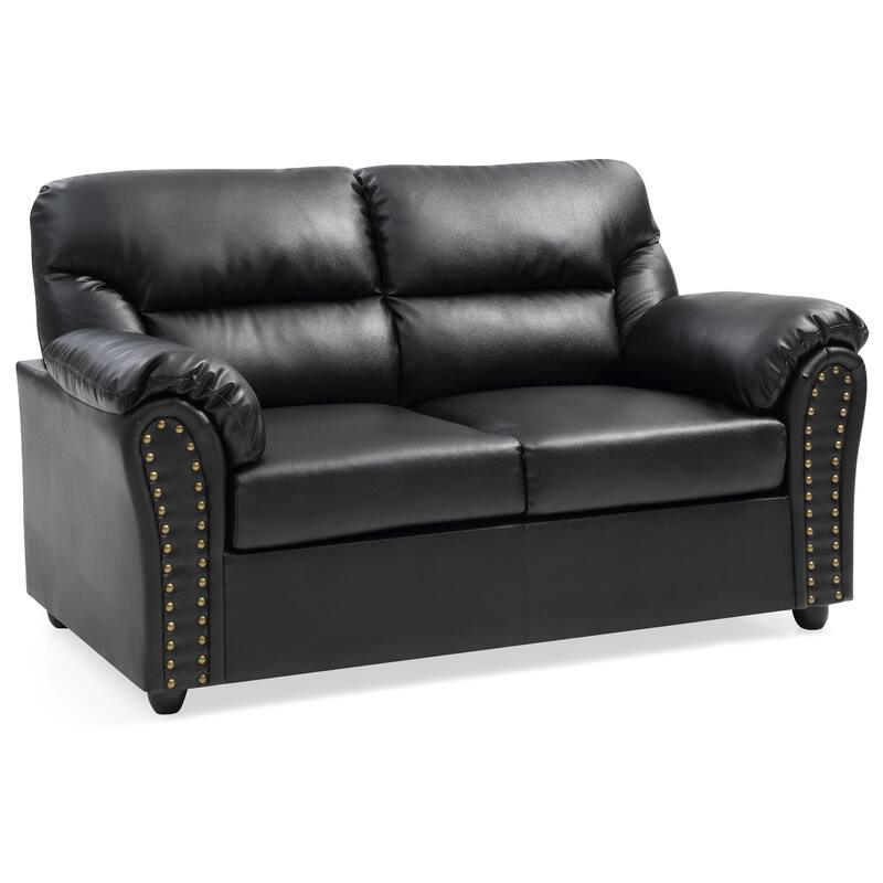 Flared Arm Faux Leather Straight Sofa with Nailhead Trim - 60" - Black
