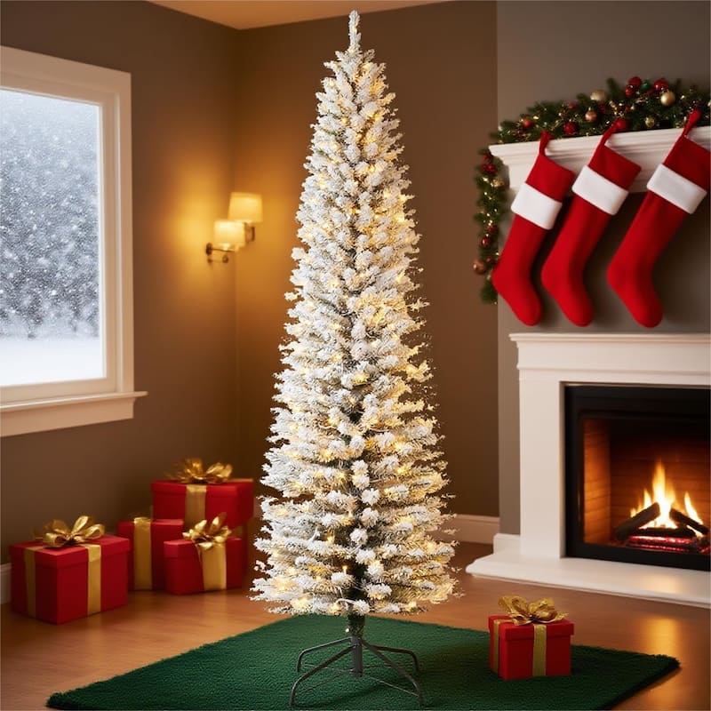 6ft Prelit Flocked Pencil Christmas Tree with Lights, Slim Artificial Xmas Tree with Snowy Branch