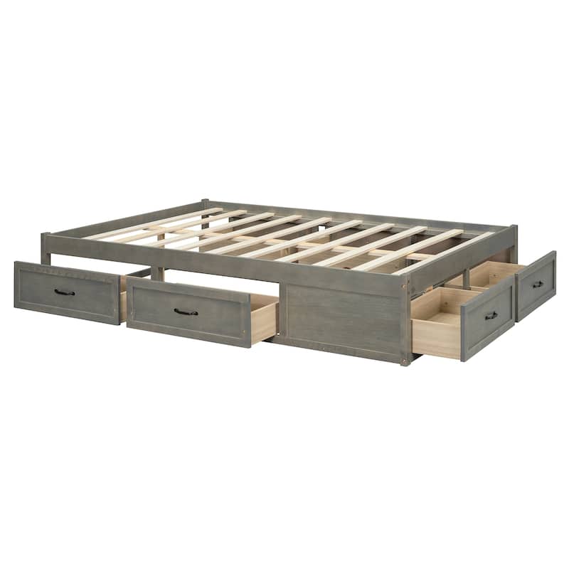 Queen Size Platform Bed Frame with 6 Built-In Storage Drawers, No Headboard, Low Profile Design in Antique