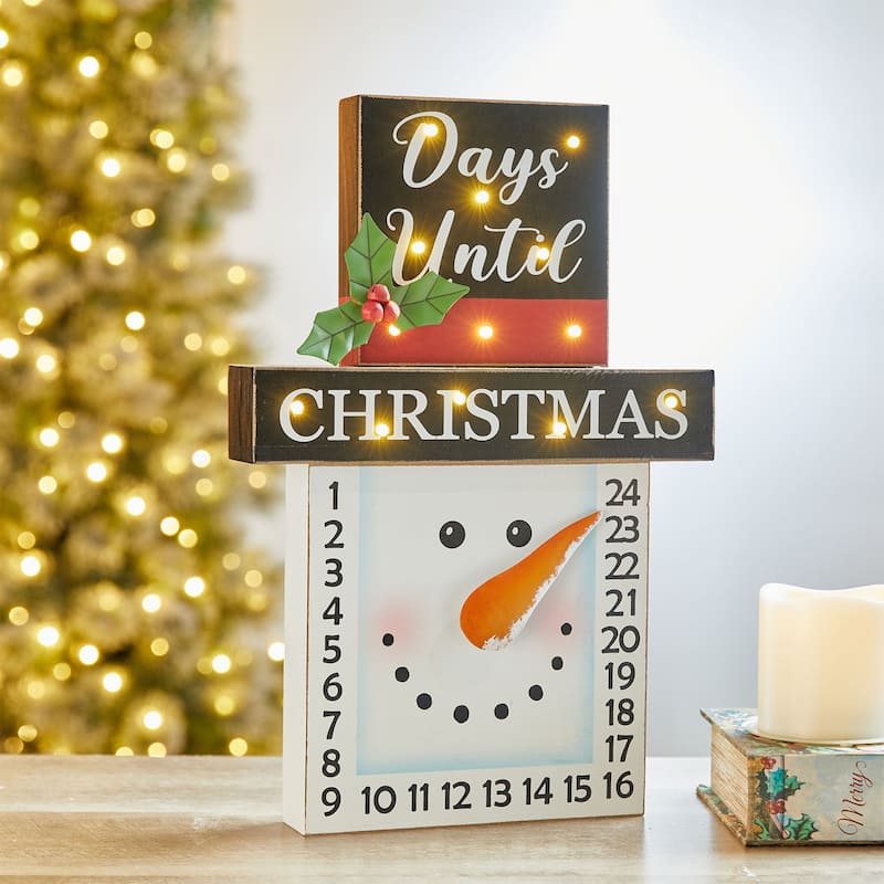 Glitzhome 15"H Wooden LED Christmas Snowman Advent Calendar Decor