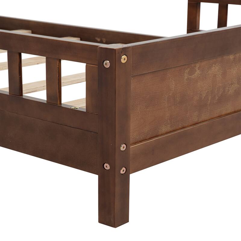 Full Size Pine Bed w/ Bookcase Headboard ,LED Sensor Light, Guardrails
