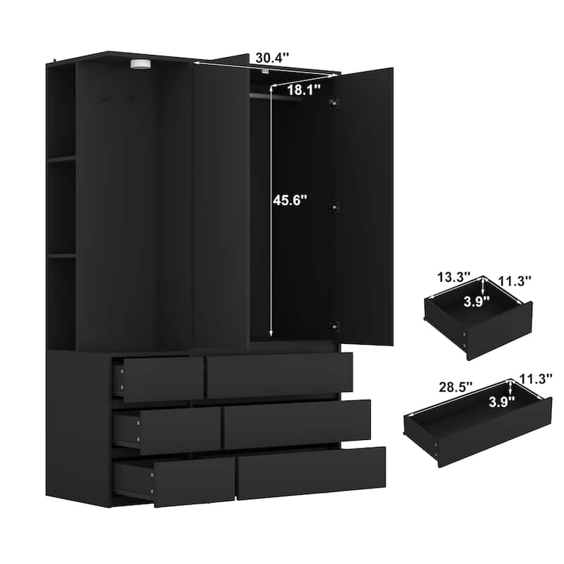 71.7" H Modern Wardrobe Closet with 2 Doors & 6 Drawers, Wooden Clothing Storage Cabinet with Hanging Rail