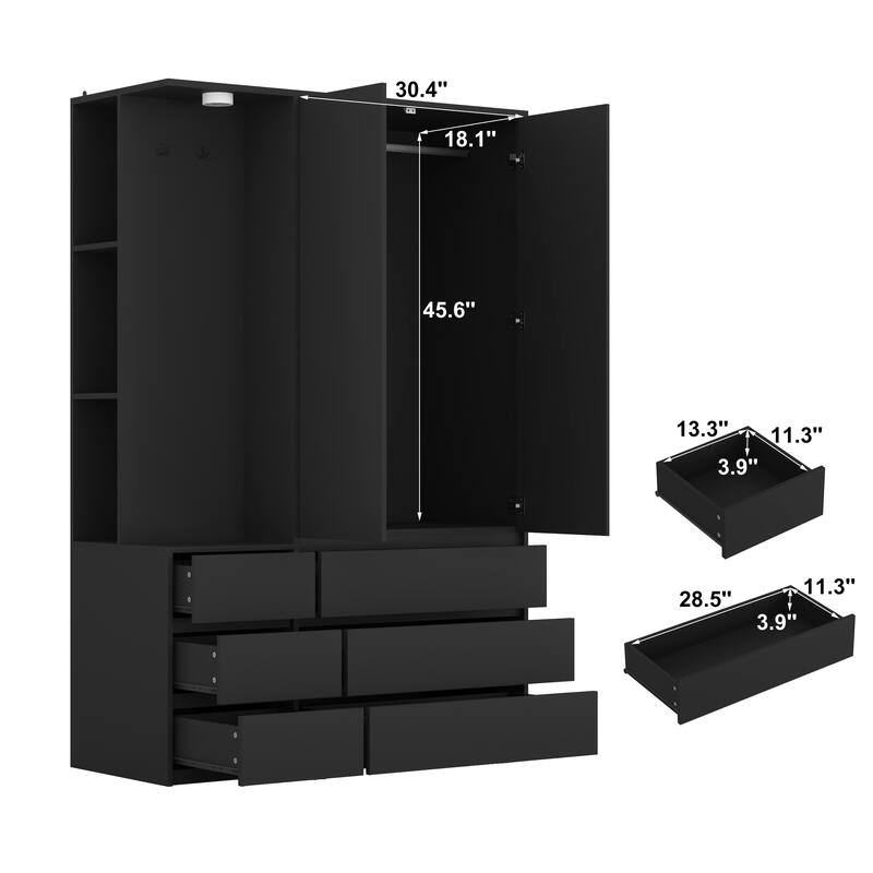 71.7 Inch Wooden Wardrobe Closet with 3 Doors and 2 Drawers, Modern Bedroom Storage Cabinet with Hanging Rail