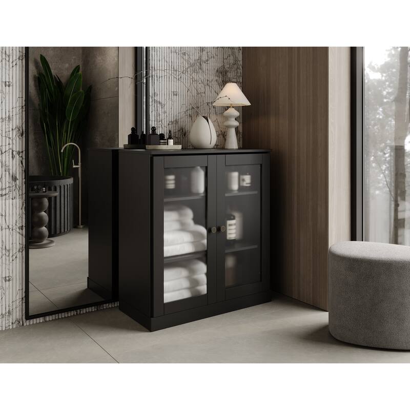 Palace Imports 100% Solid Wood 32" Bathroom Cabinet with Frosted Glass Doors and Adjustable Shelves - Black