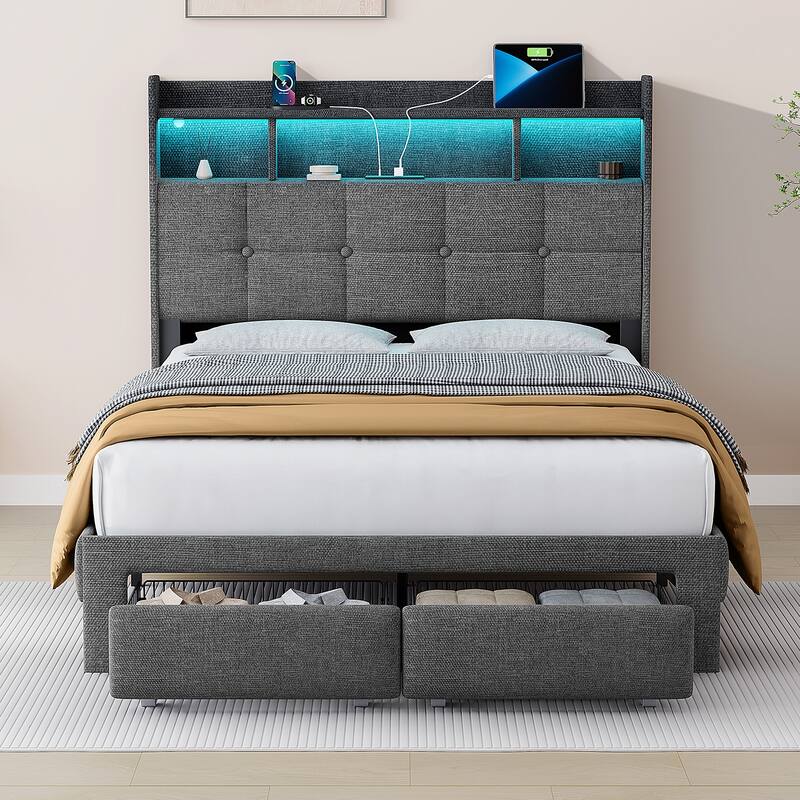 King Size Upholstered Platform Bed with LED Lights, Charging Station & Storage Headboard, No Box Spring Needed