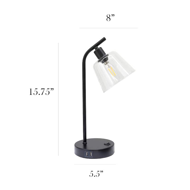 Modern Industrial Desk Lamp with Clear Glass Shade and Dual USB Charging Ports Multiple Colors - 8" (L) x 5.5" (W) x 15.75" (H)