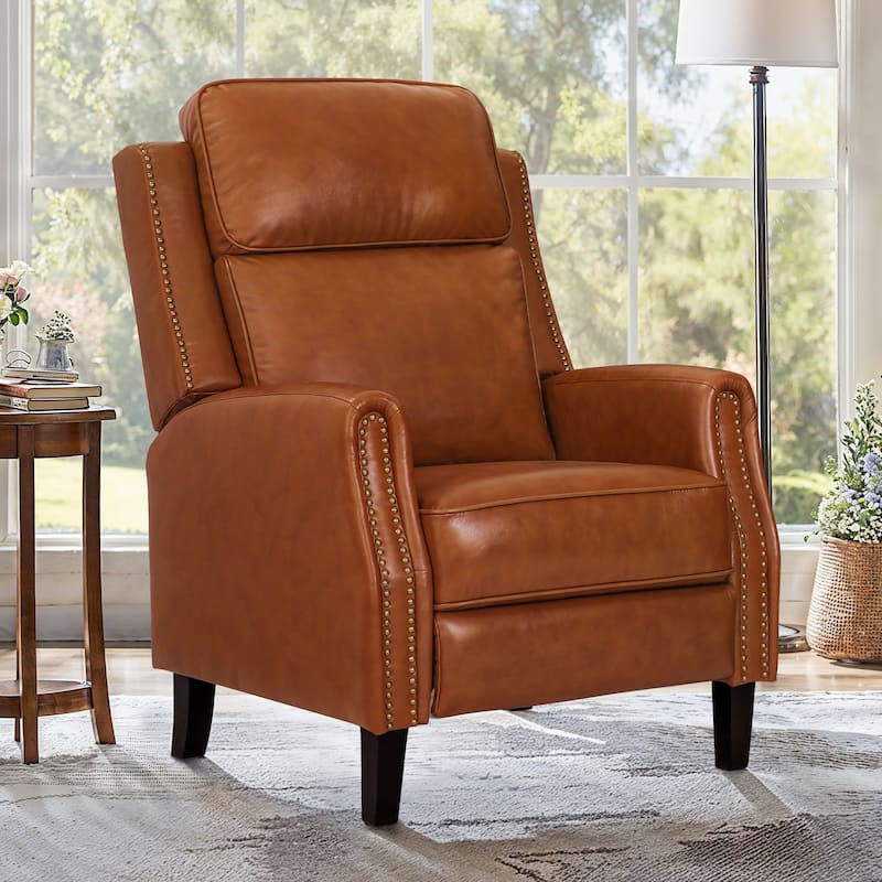 Wooden Frame Genuine Leather Recliner Push Back Recliner Chair with 3 Adjustable Backrest for Living Room, Bedroom - Camel