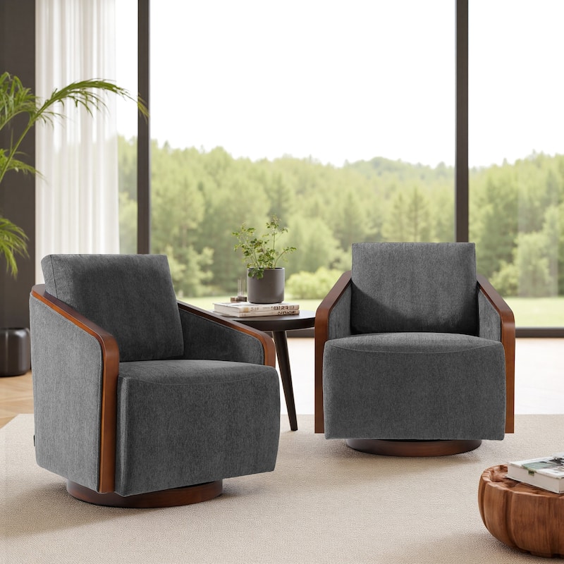 Set of 2 Modern Swivel Accent Barrel Chairs with Wood Arms