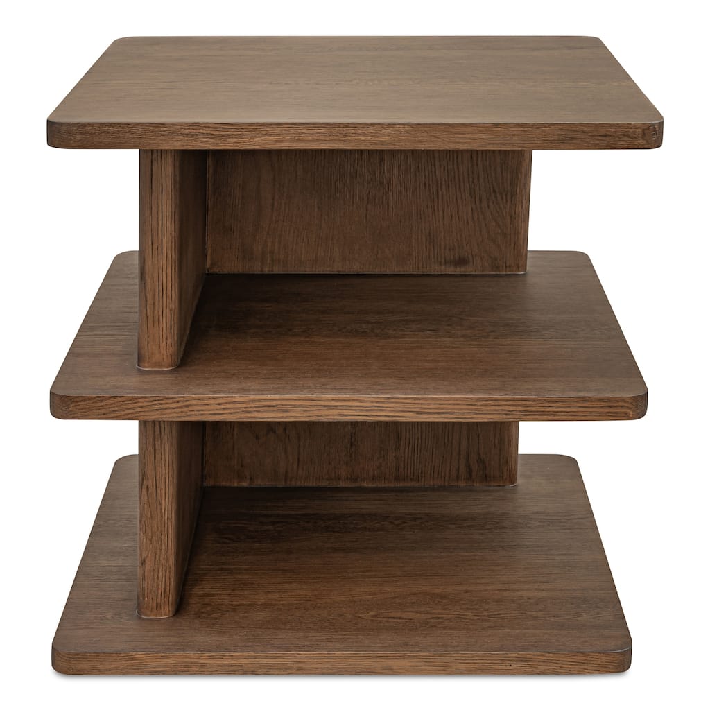 NADAAL STUDIOS Thalor Side Table, Square Dark Oak Top with Rounded Edge Shelves, Solid Oak Detail, Dark Brown