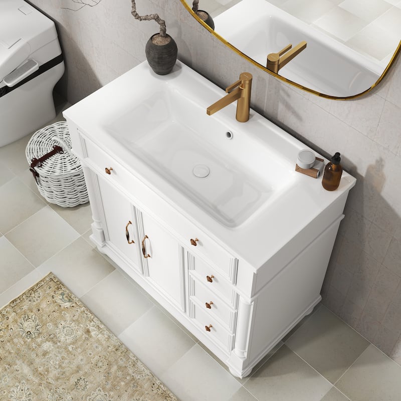 28"/36" Bathroom Vanity with Sink, Integrated Ceramic Basin Vanity Cabinet with Roman Column Base, Solid Wood Frame