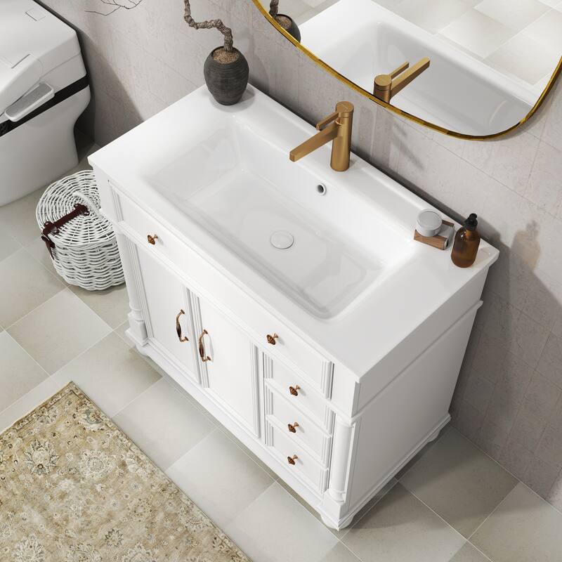 35.6-Inch Mid-Century Bathroom Vanity Sink with Roman Column Base, Farmhouse Freestanding Vanity Cabinet