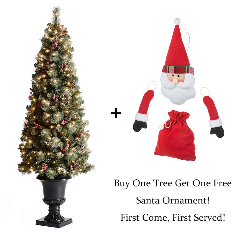 Glitzhome 4/5/6FT Pre-lit Artificial Flocked Pine Potted Christmas Tree for Entryway-Come with a Free Santa Ornament