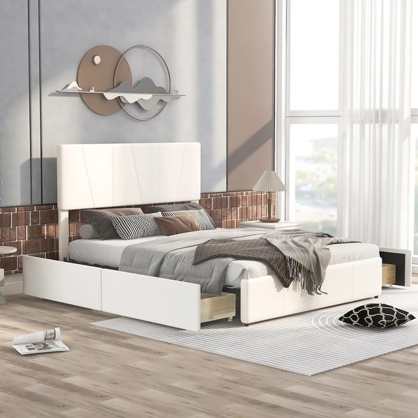 Beige Queen Size Velvet Upholstery Platform Bed, Adjustable Headboard