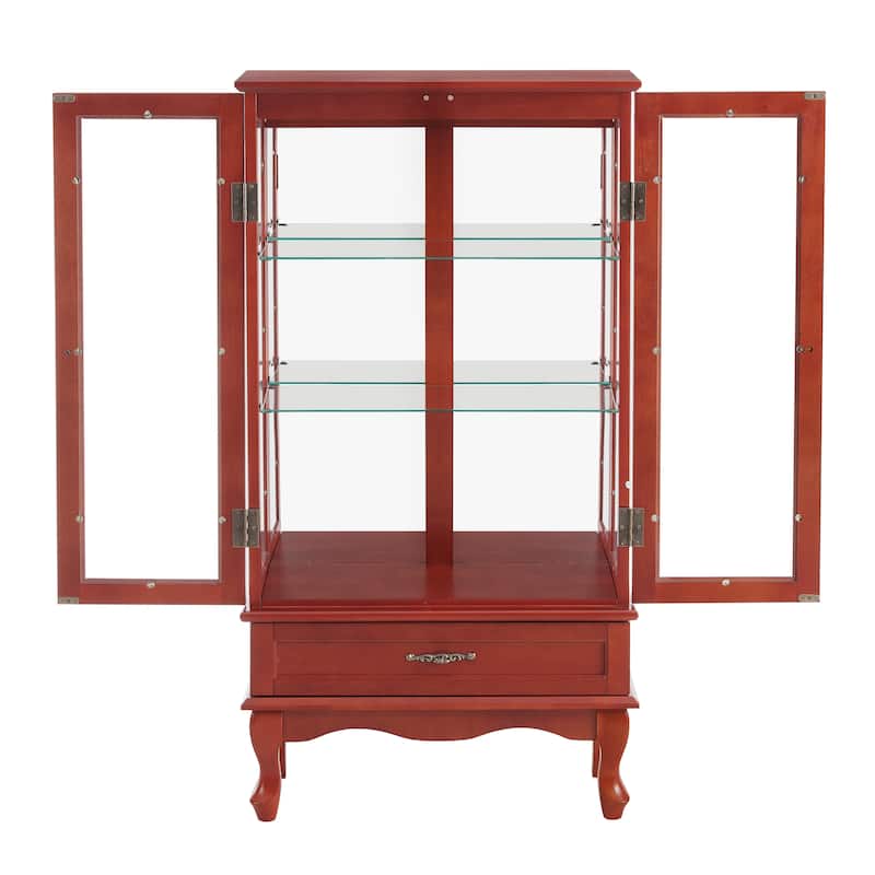Lighted Cabinet Glass Wine Curio Display Cabinet with Adjustable Glass Shelves 2 Doors and 1 drawer Cabinet BulbIncluded