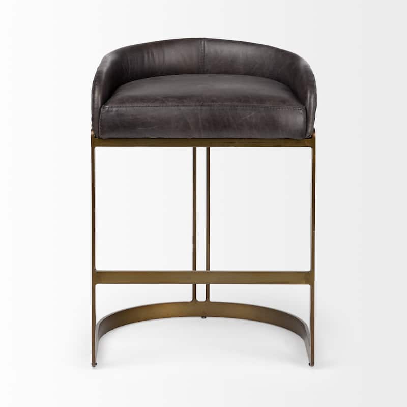 29" Black Genuine Leather Bar Stool with Gold Metal Frame, Footrest, and Contemporary Low Back Design - 29”H x 19.75”W x 20.5”D