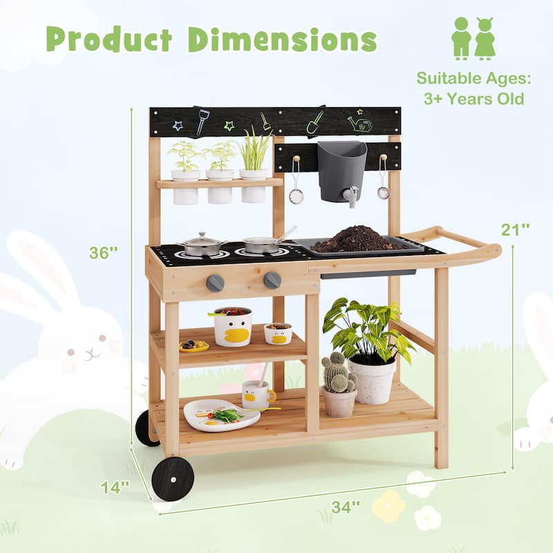 Gymax Mud Kitchen w/ Wheels Outdoor Fir Wood Play Kitchen w/