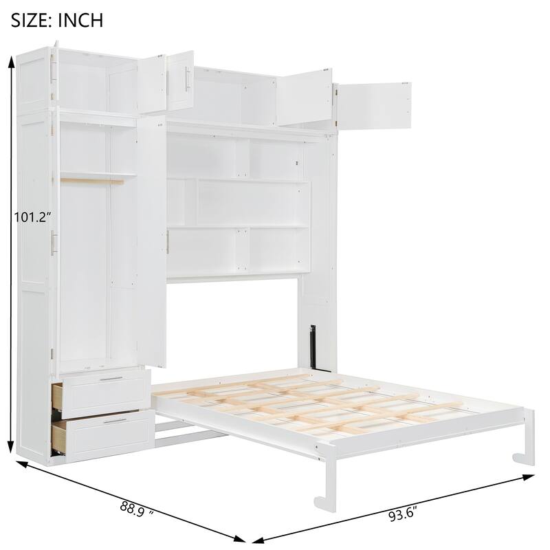 Queen Size Wall Murphy Bed, Space Saving Wooden Foldable Bed Frame with Closet, Drawers, Top Cabinet and Storage Shelves