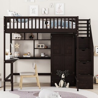 Full Size Loft Bed with Bookshelf and Drawers, Wood Loft Bed with Desk and Wardrobe, Storage Loft Bed for Kids Teens Bedroom