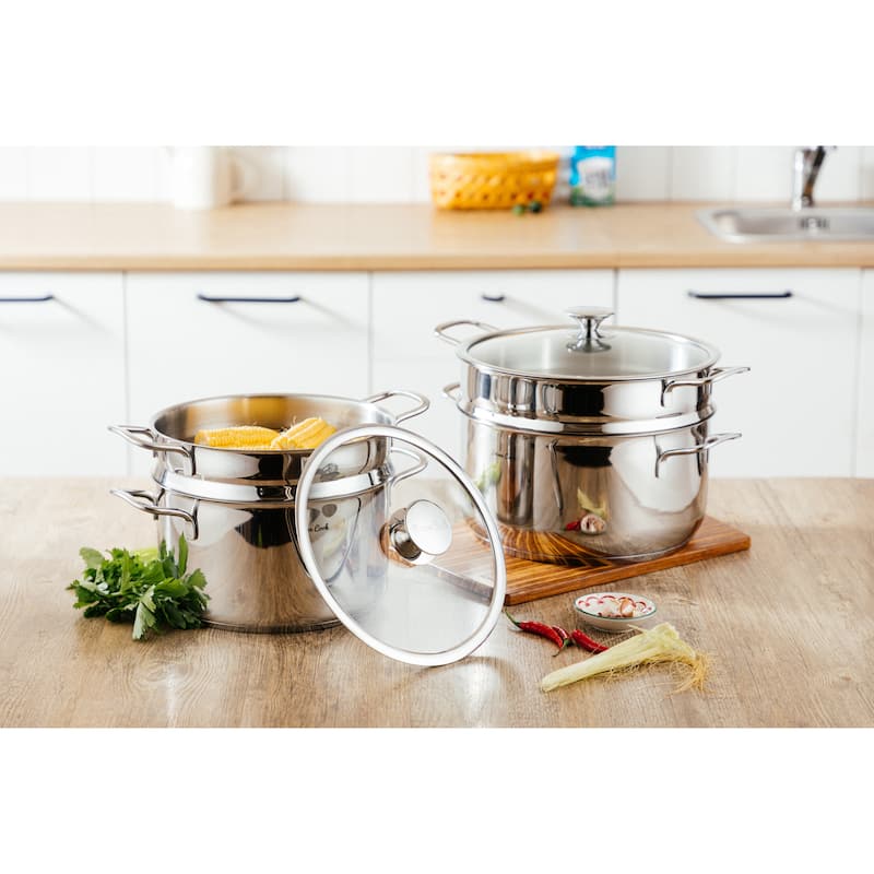 Prime Cook Stainless Steel 6.4 qt Stock / Steamer Set with Glass Lid