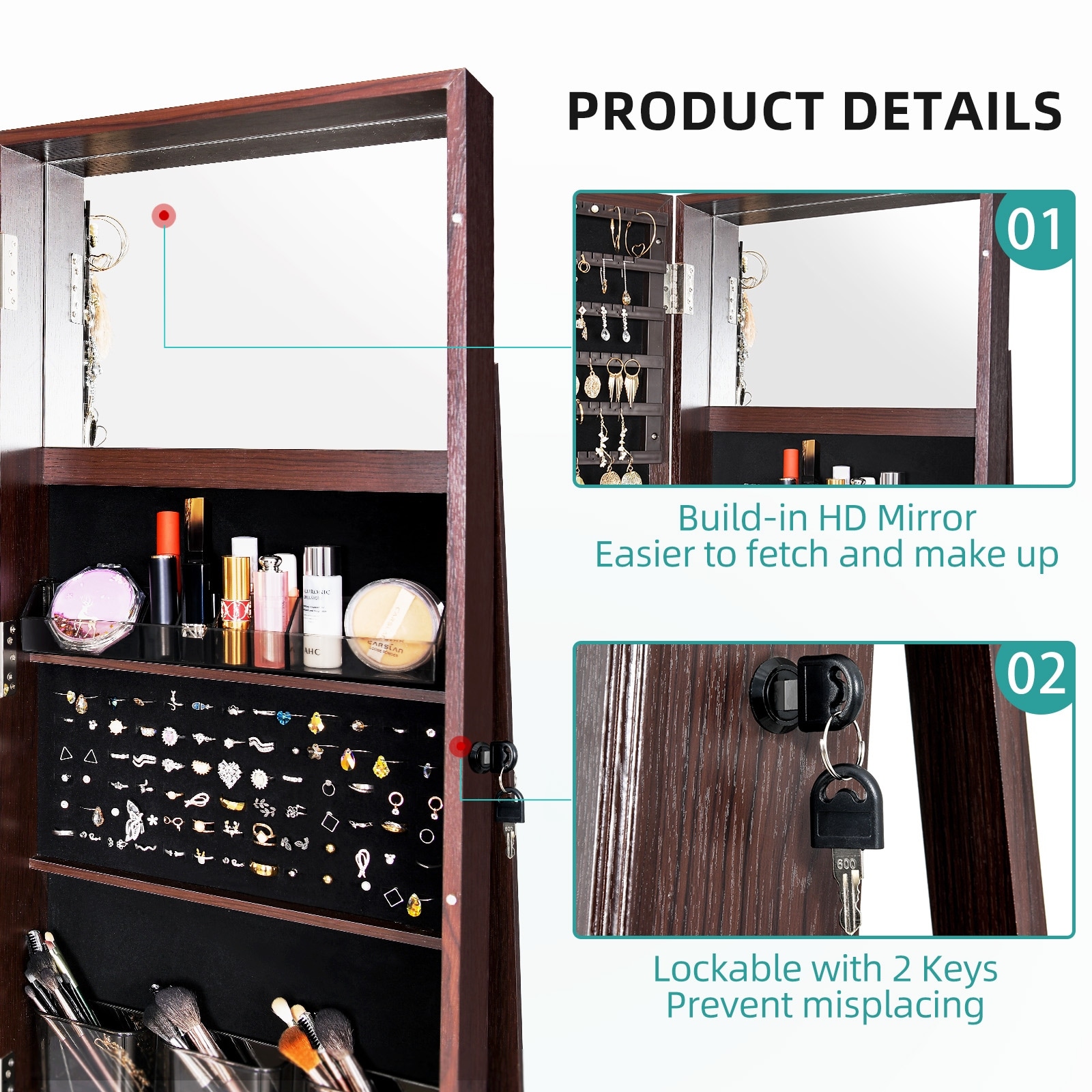 360 Swivel Jewelry Cabinet, Lockable Jewelry Organizer with Full-Length  Mirror, Rear Storage Shelves, Rustic Brown - Bed Bath & Beyond - 35257492