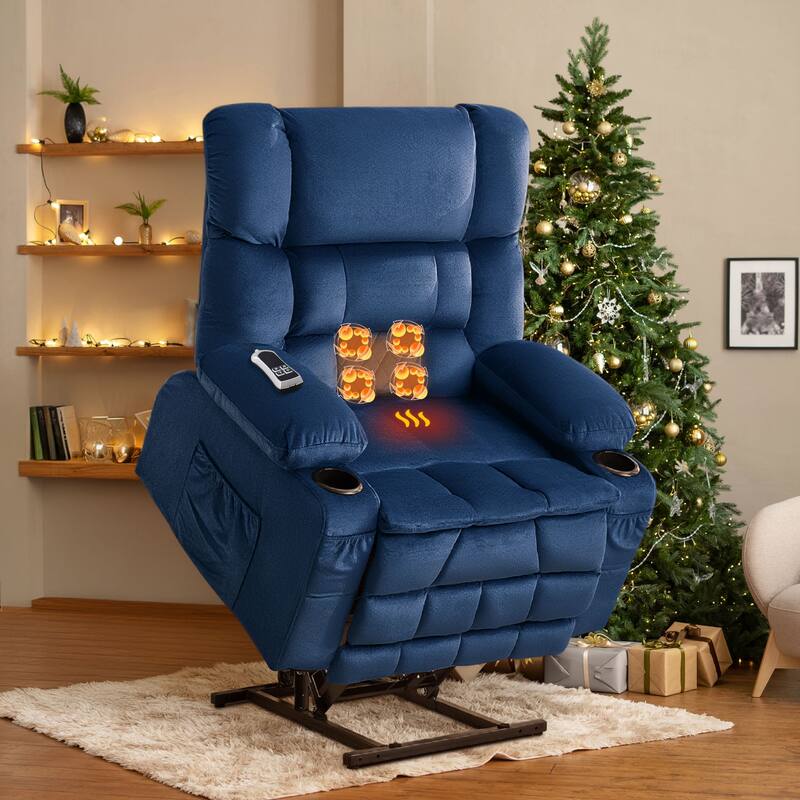 Dual Motor Power Lift Recliner Chair, Lay Flat Lift Chair w/Heat and Massage & Cup Holders, Extra Wide Recliner for Big People - Blue