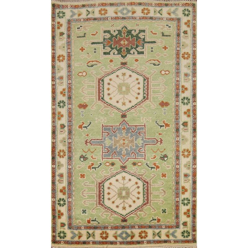 Light Green Geometric Khotan Indian Foyer Rug Hand-Knotted Wool Carpet - 2'11"x 5'0"