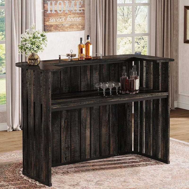 63" U-Shaped Home Bar Unit, Modern Farmhouse Bar Table with 2-Tier Shelves - 62.99" L x 23.62" W x 43.89" H