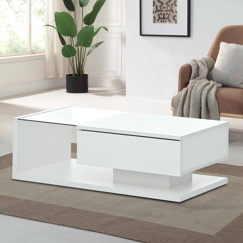 Modern Minimalist Wooden High Gloss Rectangular Coffee Table with a Drawer - White
